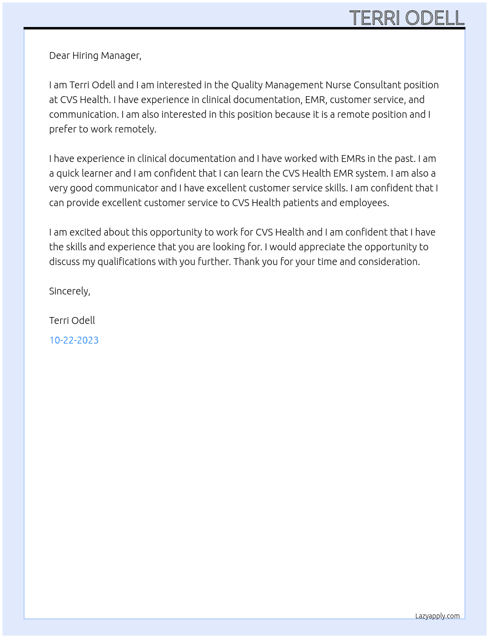 Quality Management Nurse Consultant At CVS Health Cover Letter