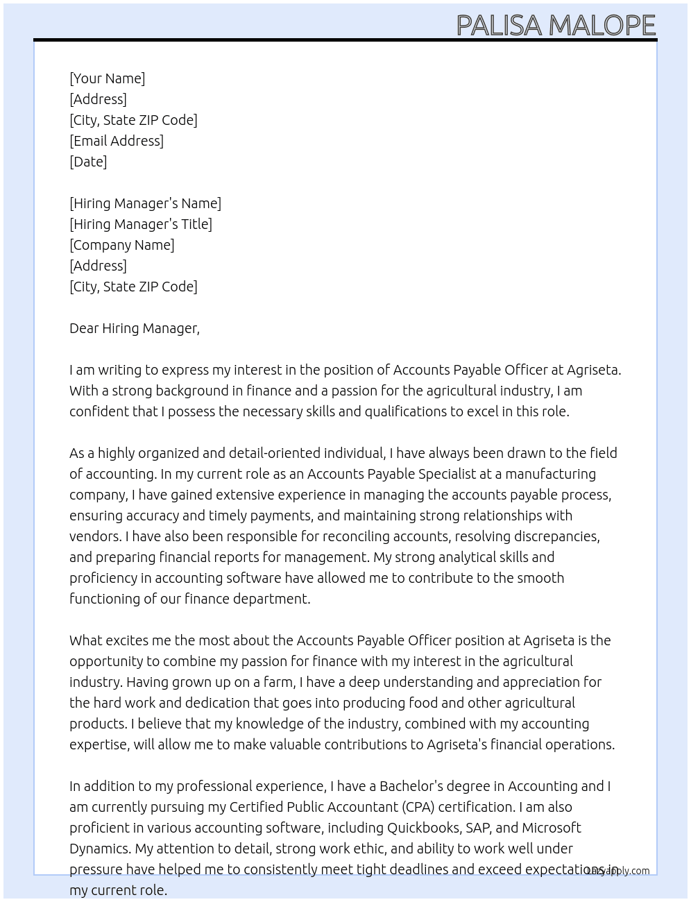 Accounts Payable Officer At Agriseta Cover Letter