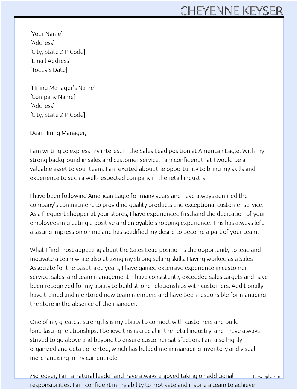 Sales Lead At American Eagle  Cover Letter