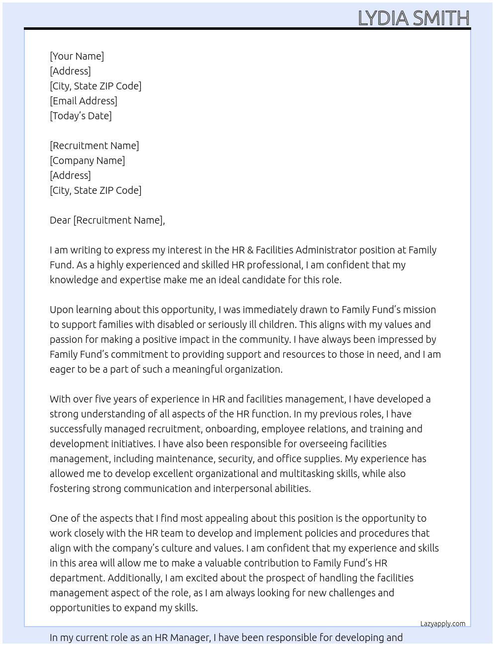 HR & Facilities Administrator At Family Fund Cover Letter