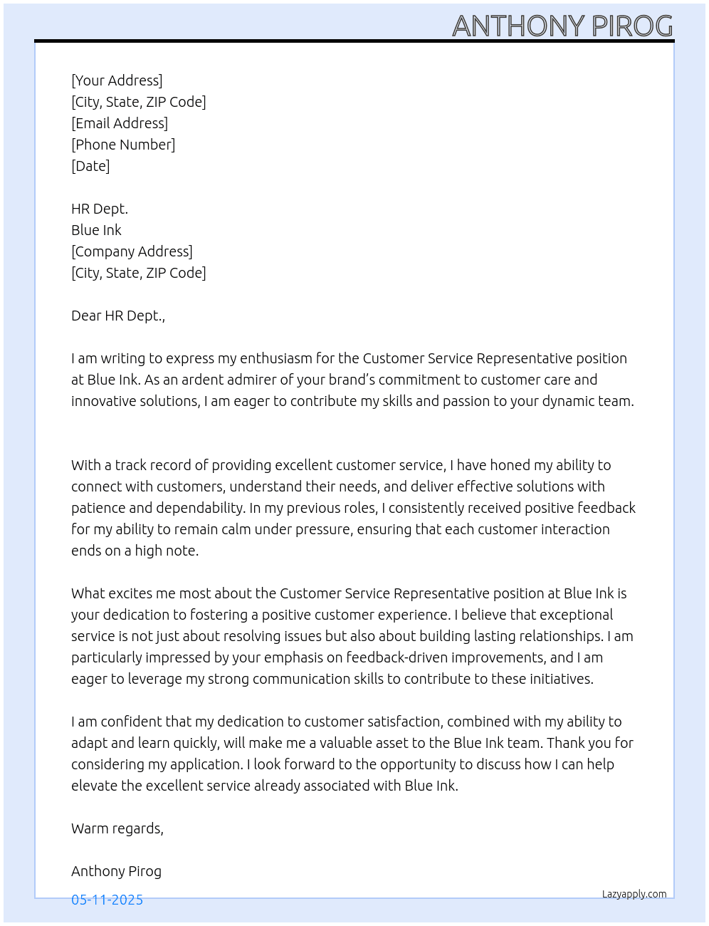 Customer Service Representative At Blue Ink Cover Letter