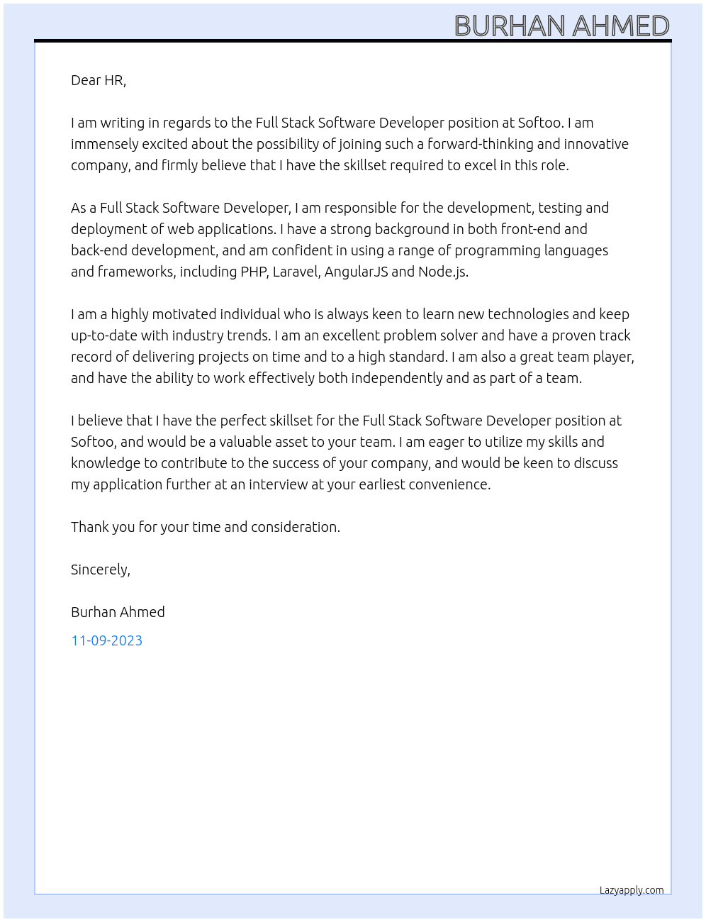 Full Stack Software Developer At Softoo Cover Letter