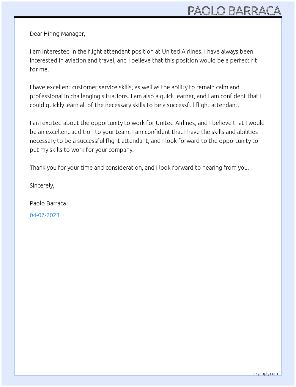 Flight attendant At United Arlines Cover Letter