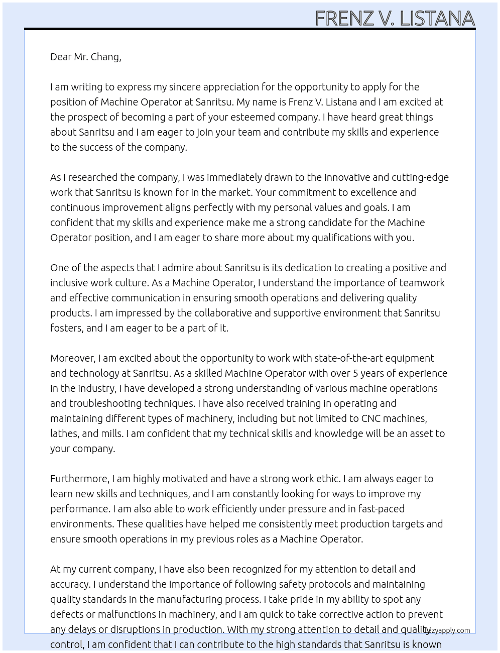Machine operator At Sanritsu Cover Letter