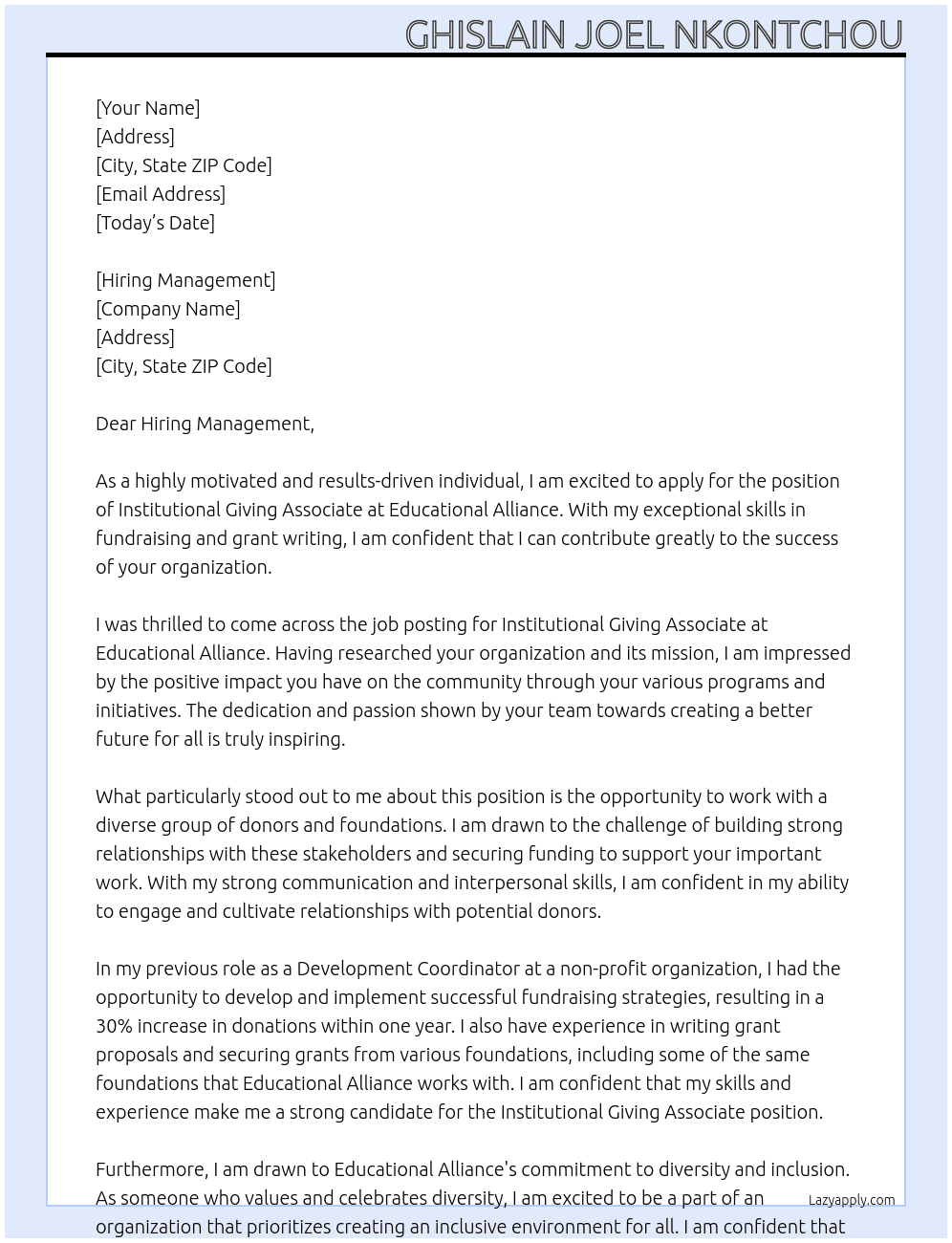 Institutional Giving Associate At Educational Alliance Cover Letter