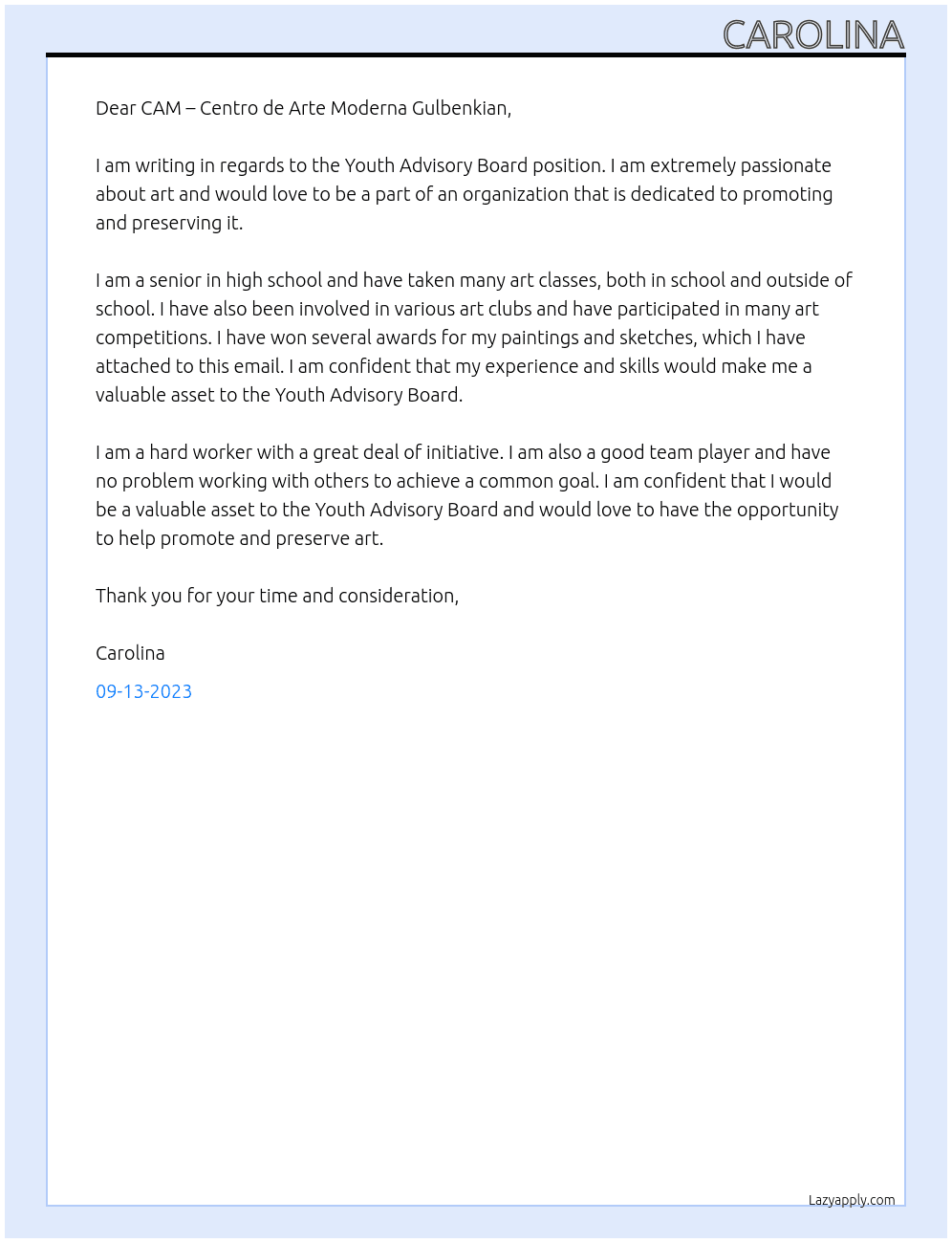 Youth Advisory Board At CAM – Centro de Arte Moderna Gulbenkian Cover Letter