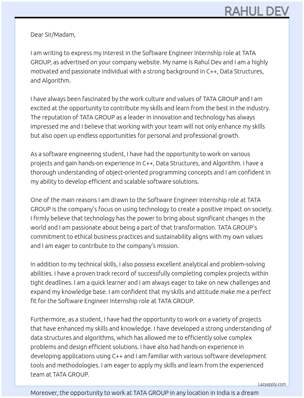 Software engineer At TATA GROUP Cover Letter