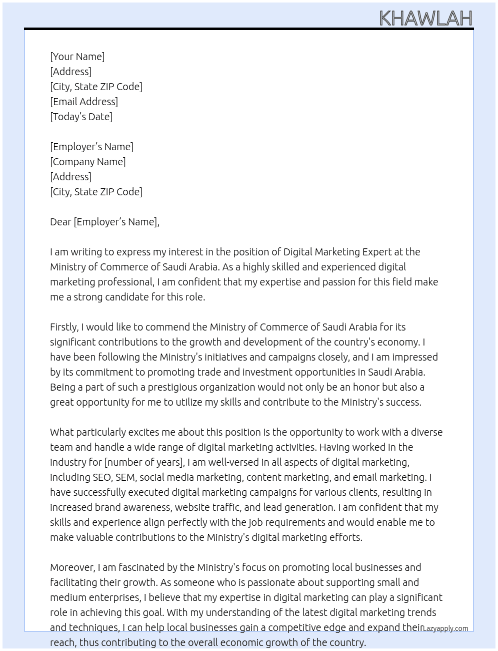 digital marketing expert At Ministry of Commerce of Saudi Arabia Cover Letter