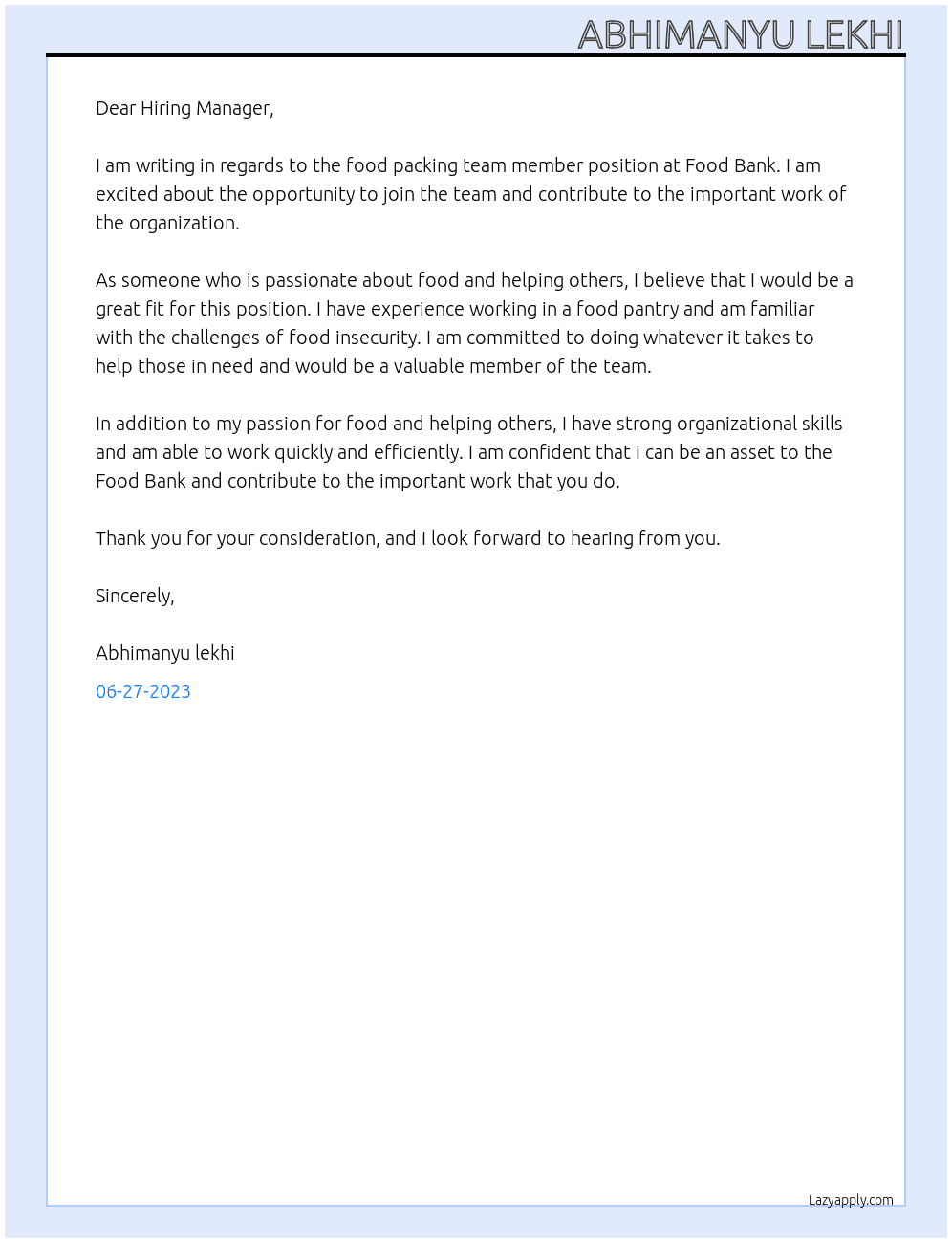 food packing team member At Food Bank Cover Letter