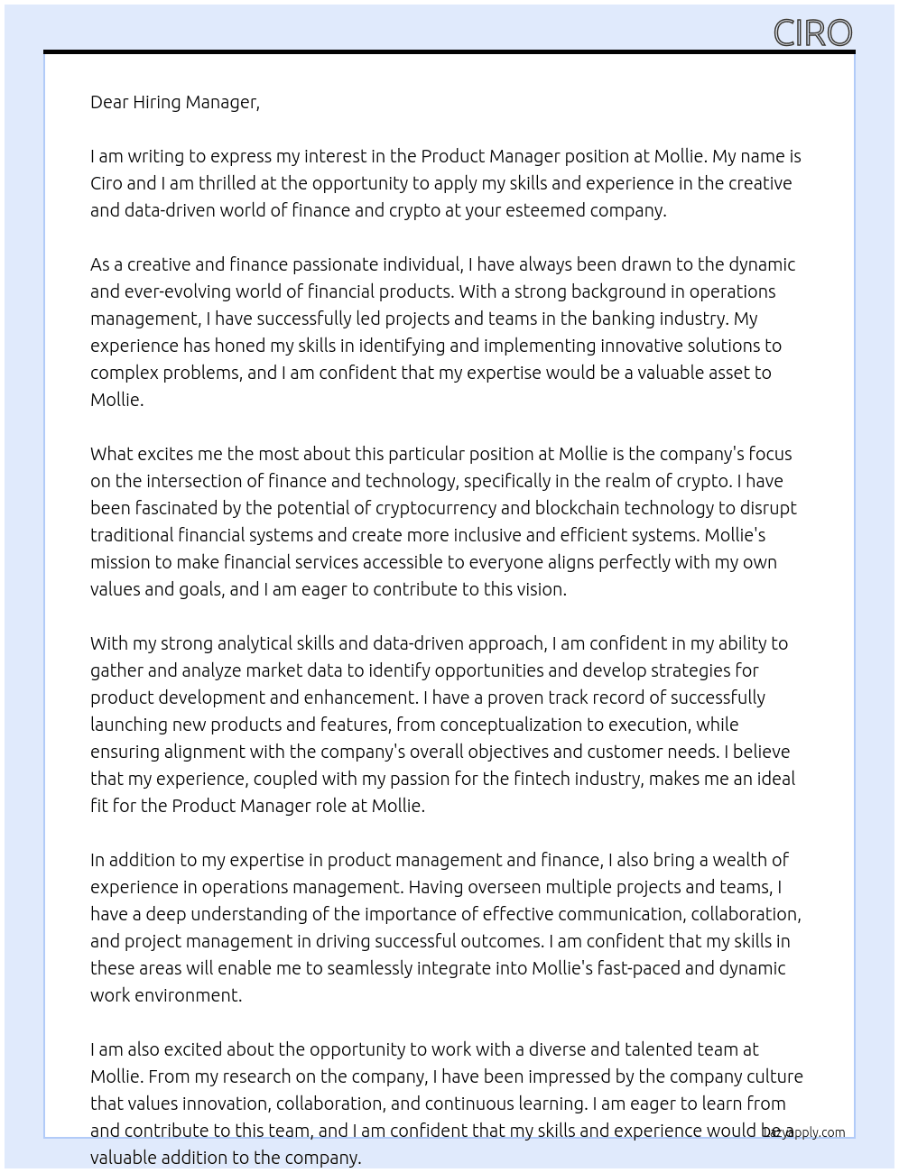 Product Manager  At Mollie Cover Letter