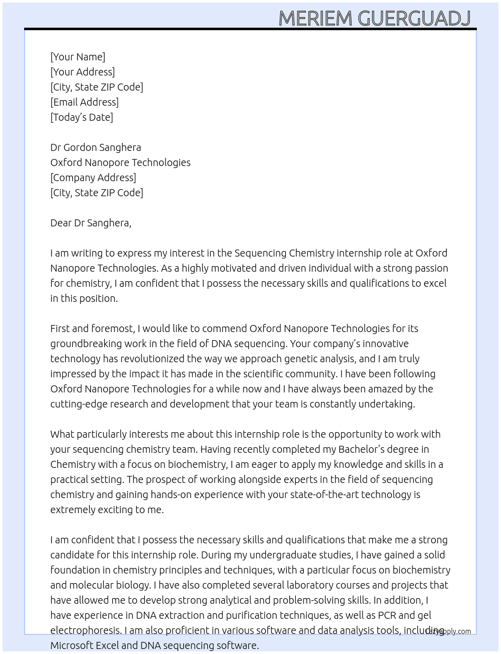 Sequencing Chemistry At Oxford Nanopore Technologies Cover Letter