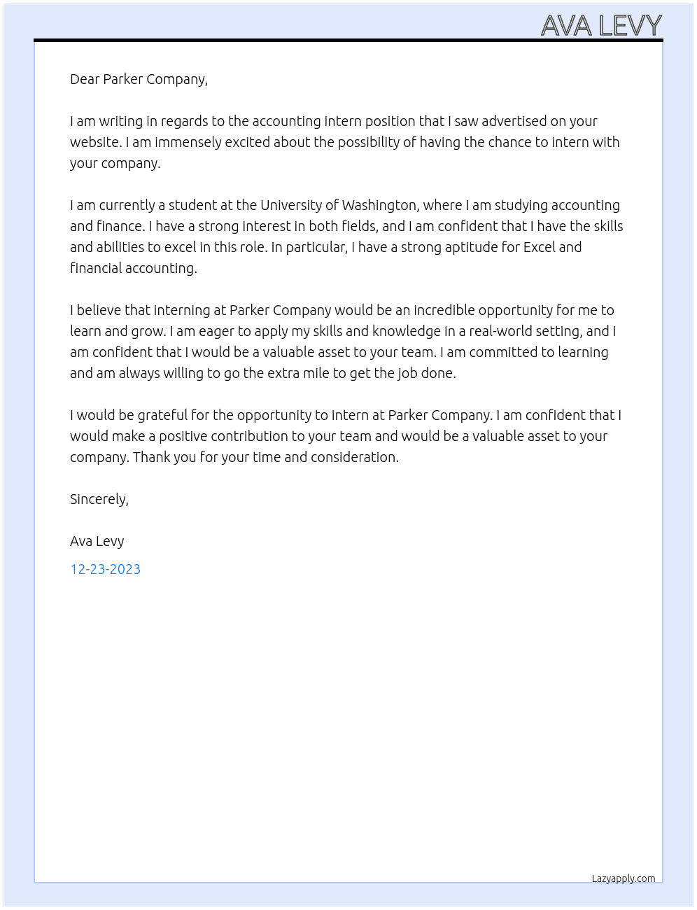 Accounting intern At Parker Company Cover Letter
