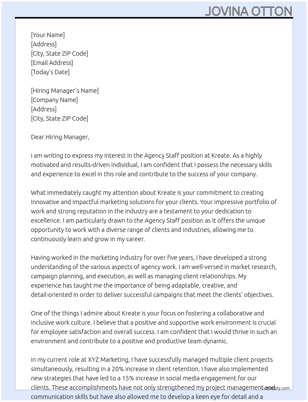 Agency staff At Kreate Cover Letter