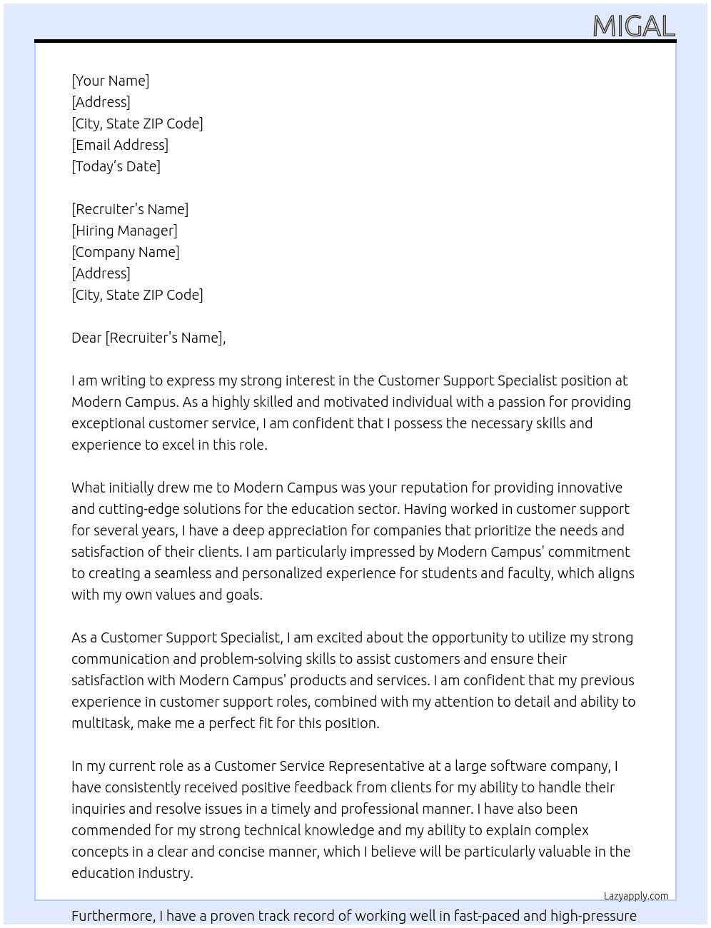 Customer Support Specialist At Modern Campus Cover Letter