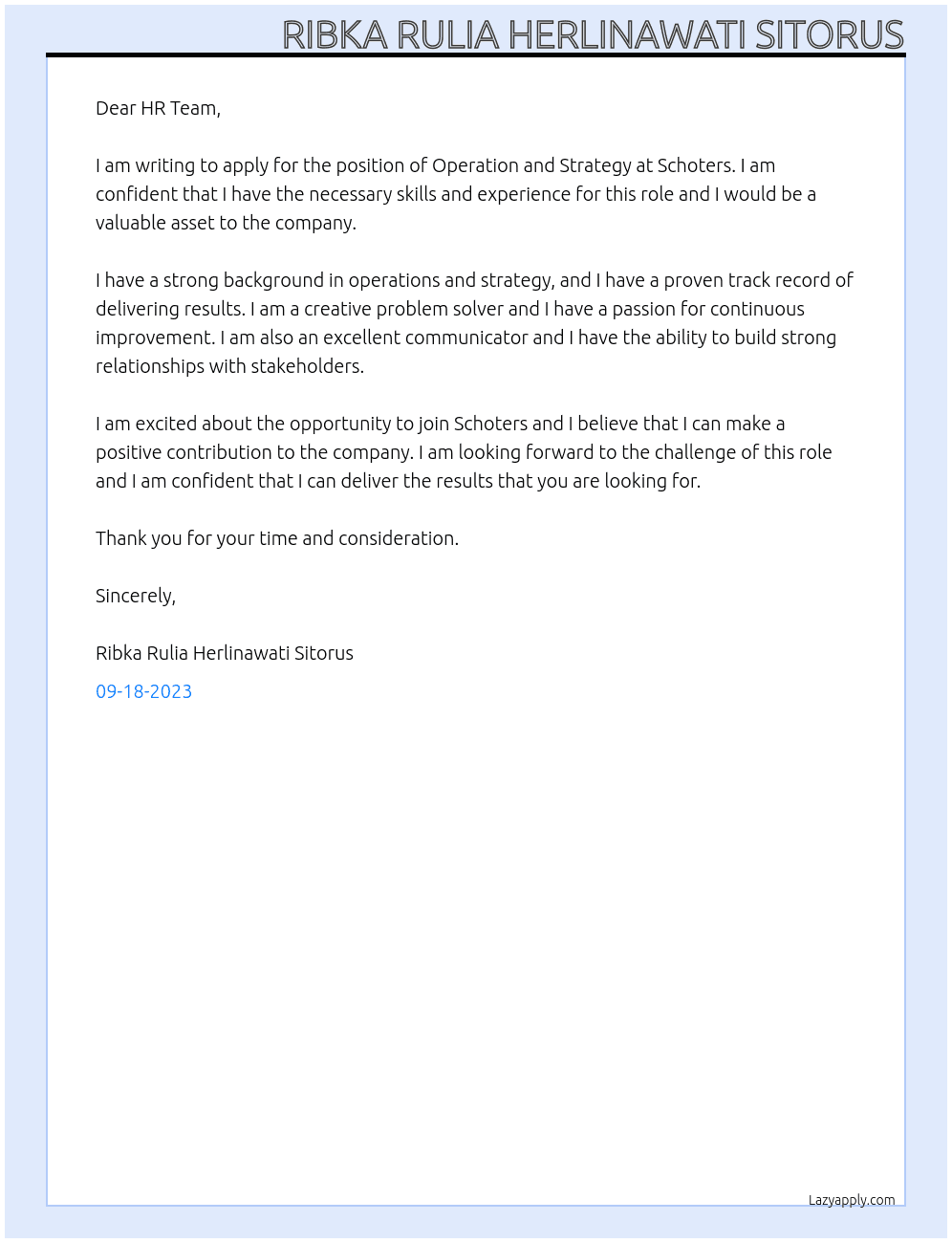 Operation and Strategy At Schoters Cover Letter