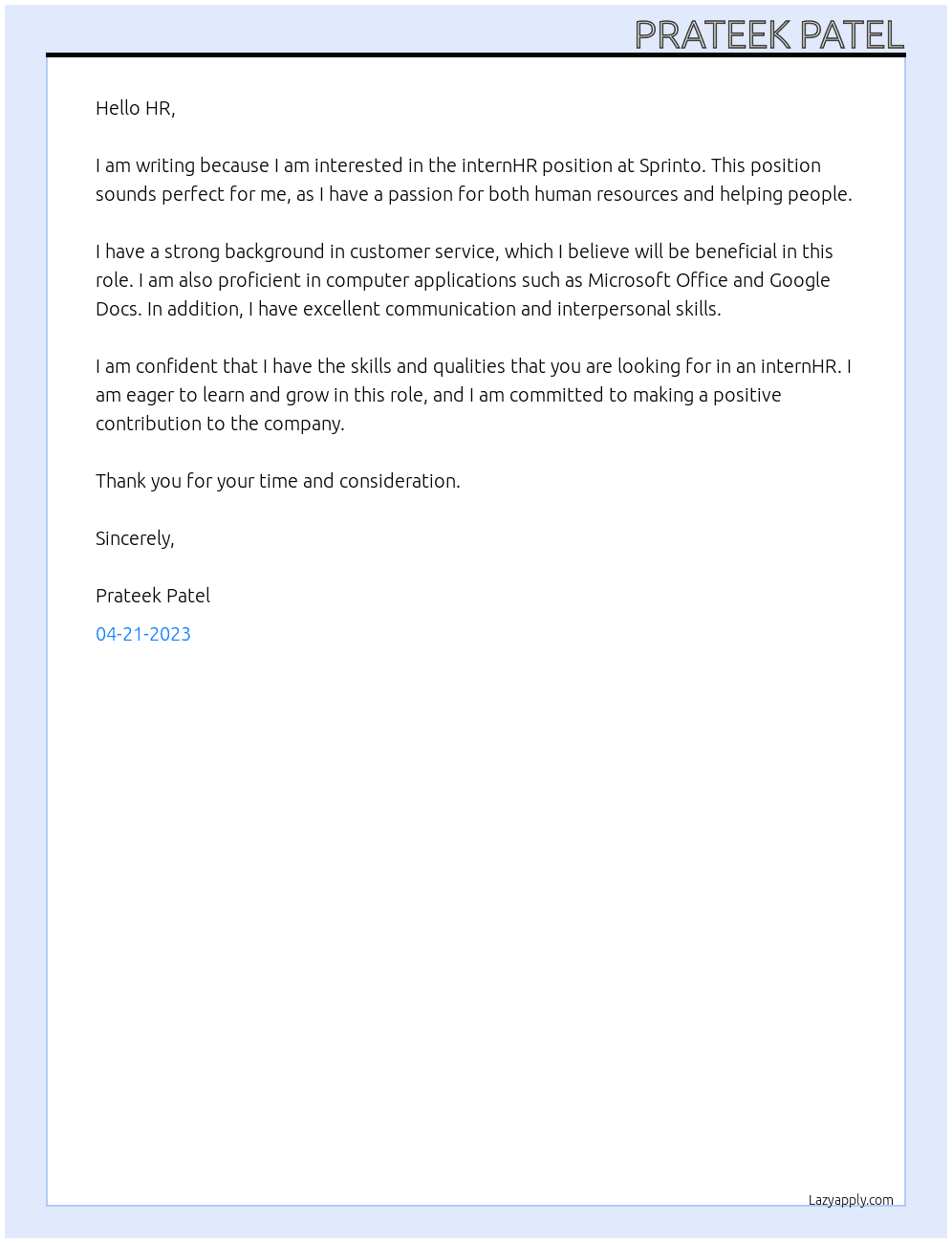 internHR At Sprinto Cover Letter