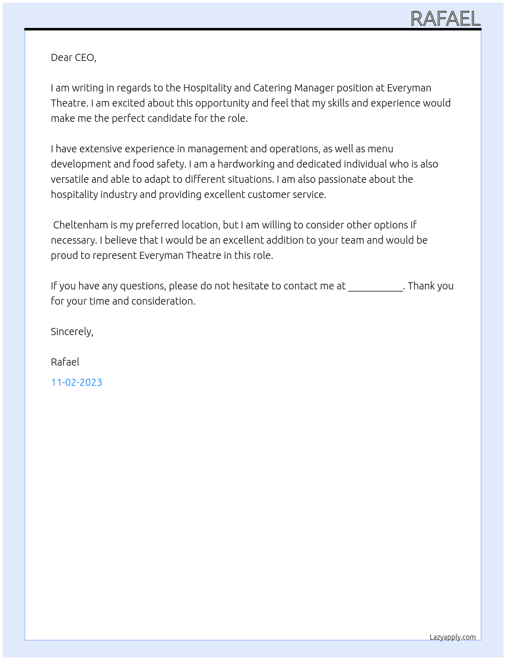 Hospitality and Catering Manager At Everyman Theatre Cover Letter