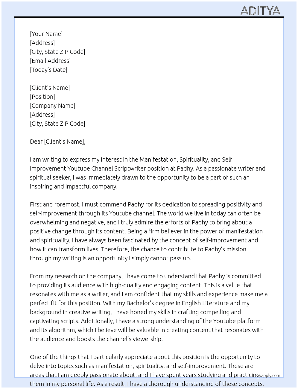 Manifestation, Spirituality, Self Improvement Youtube Channel Scriptwriter At  Padhy Cover Letter