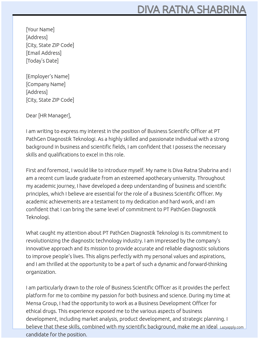 Business Scientific Officer At PT PathGen Diagnostik Teknologi Cover Letter