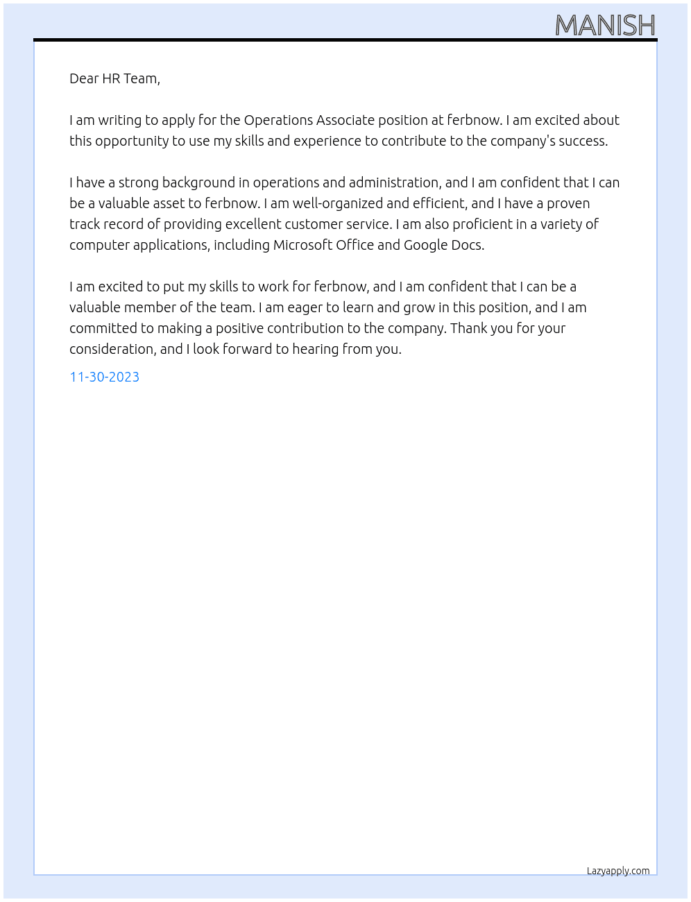Operations Associate At ferbnow Cover Letter