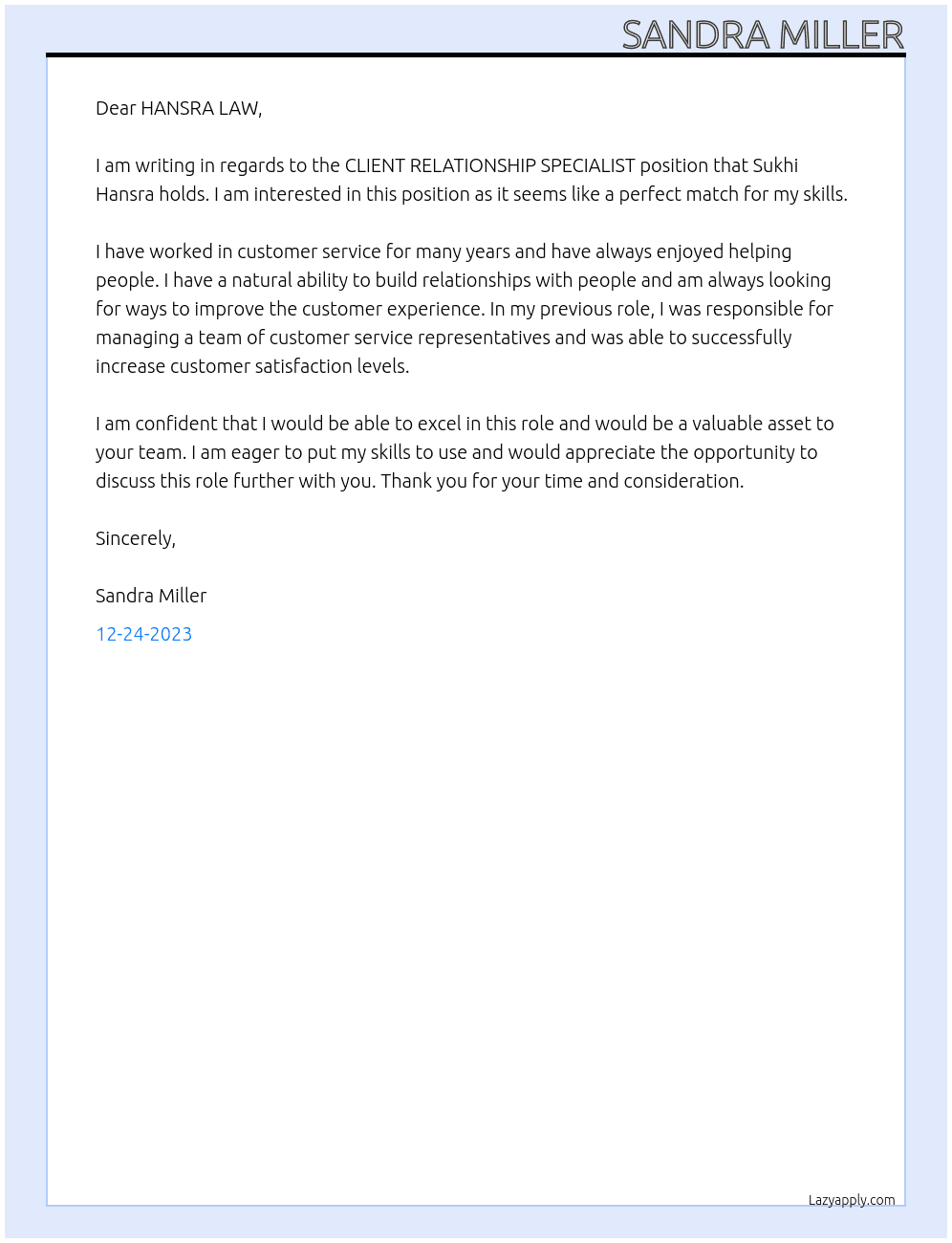 CLIENT RELATIONSHIP SPECIALIST At HANSRA LAW Cover Letter