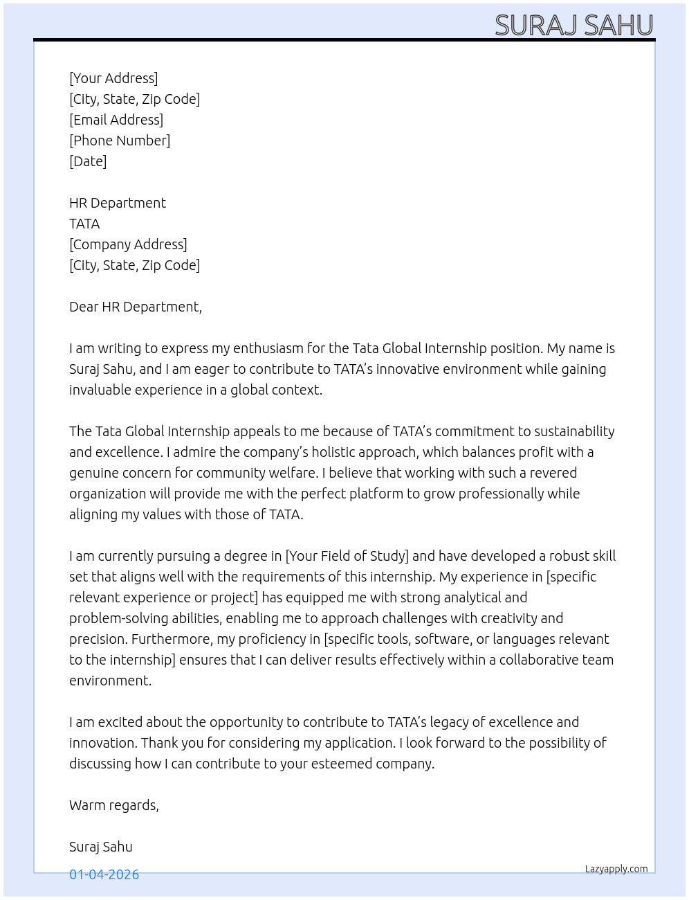 Tata Global Internship At TATA Cover Letter