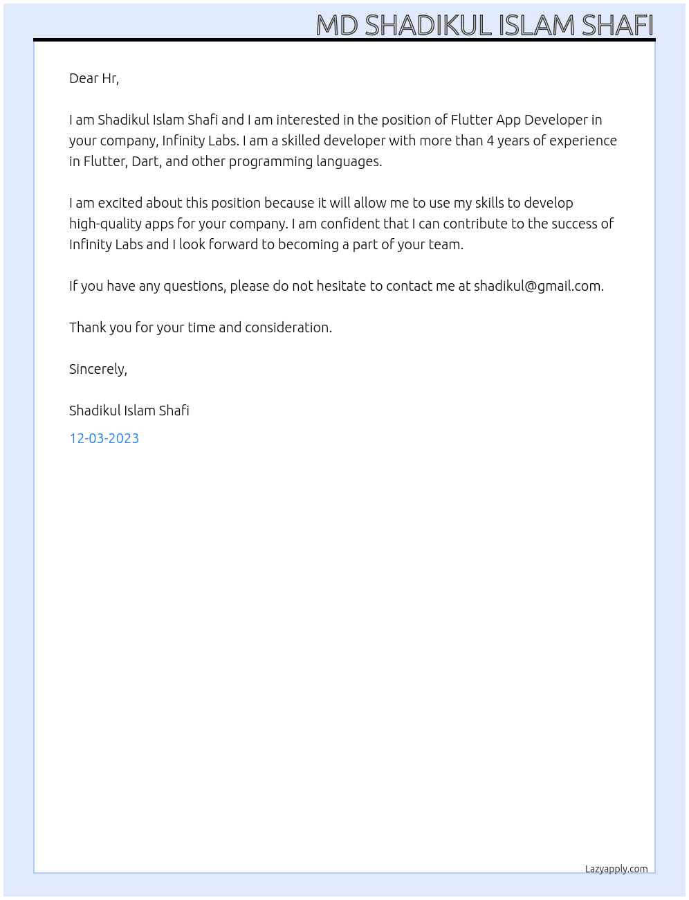 Flutter App Developer At infinity labs Cover Letter