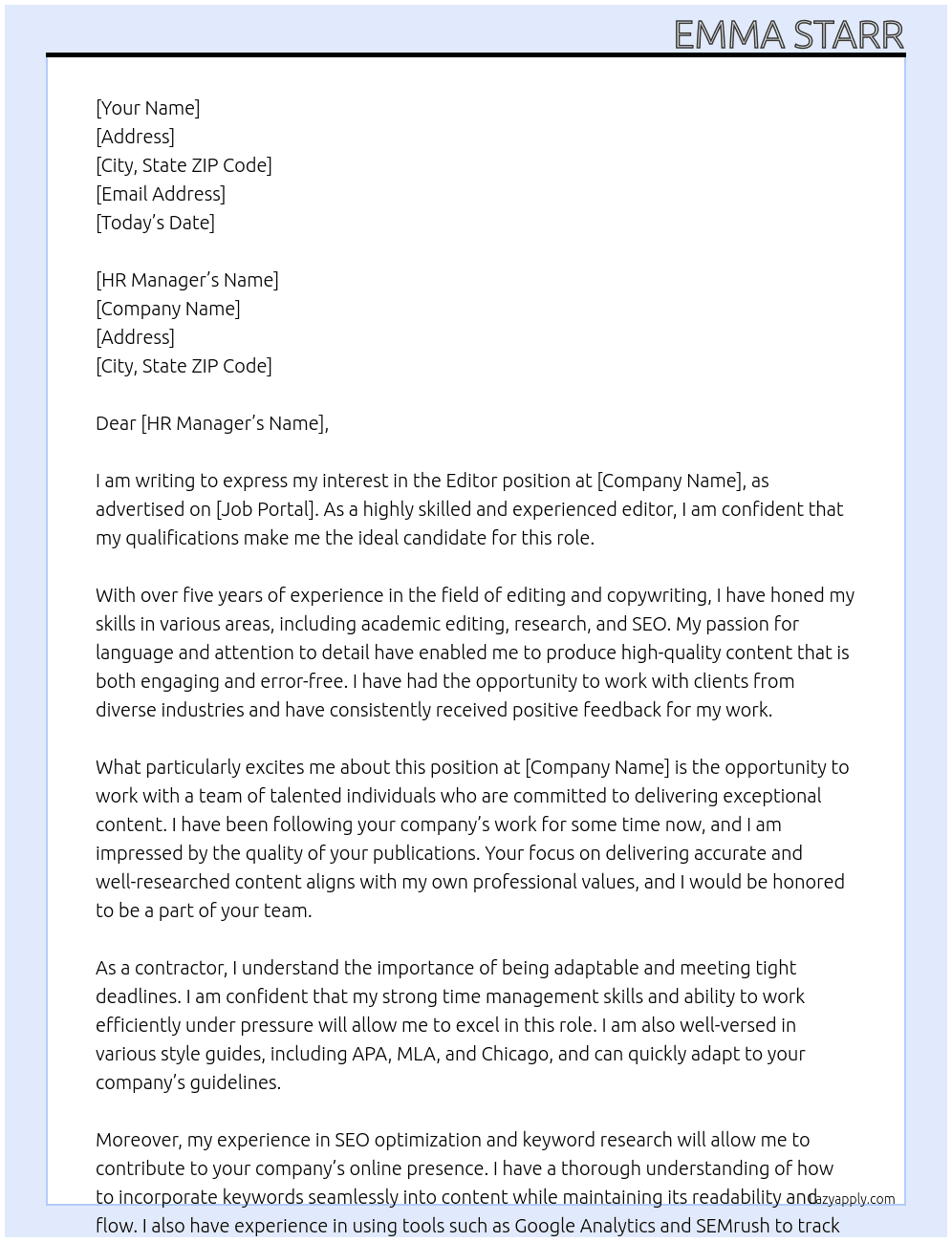 editor At your company Cover Letter