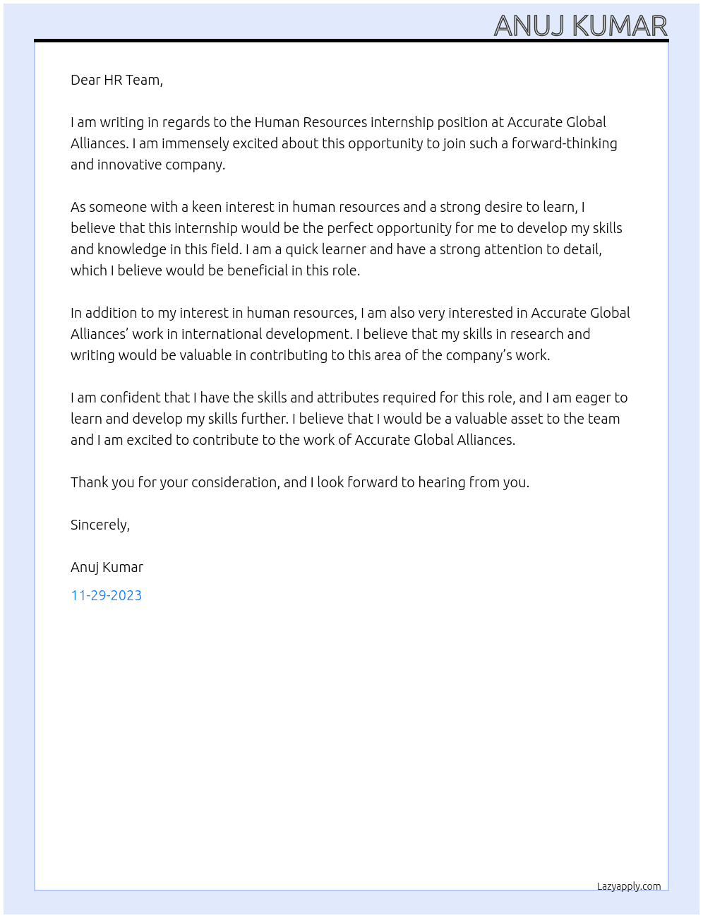Human Resources internship At Accurate Global Alliances Cover Letter