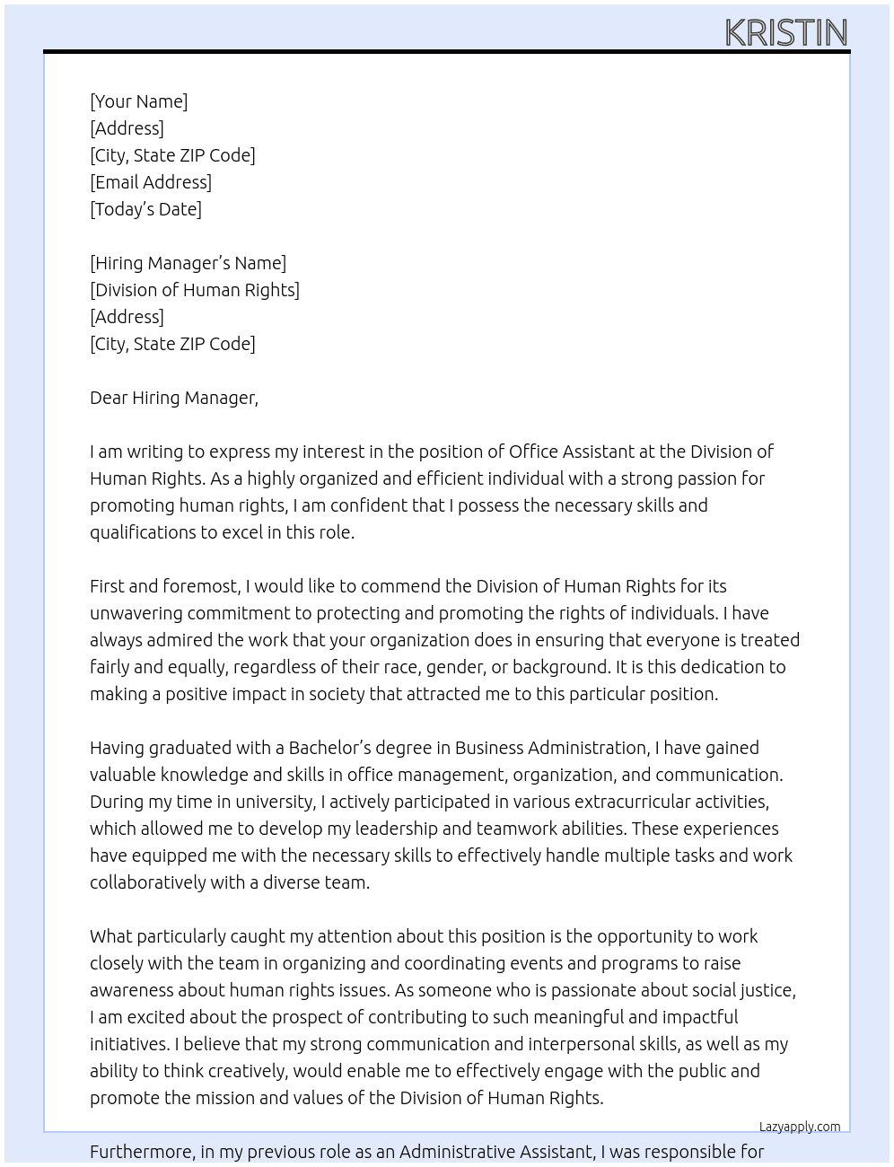 office assistant At division of human rights Cover Letter