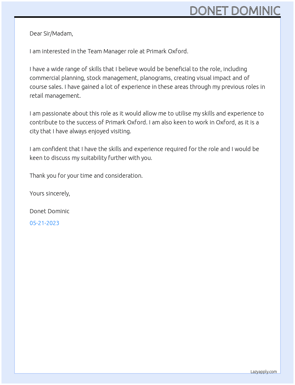 Team Manager At Primark Oxford Cover Letter