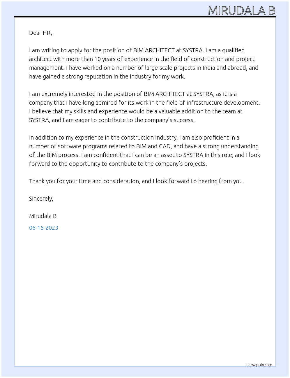 BIM ARCHITECT  At SYSTRA Cover Letter