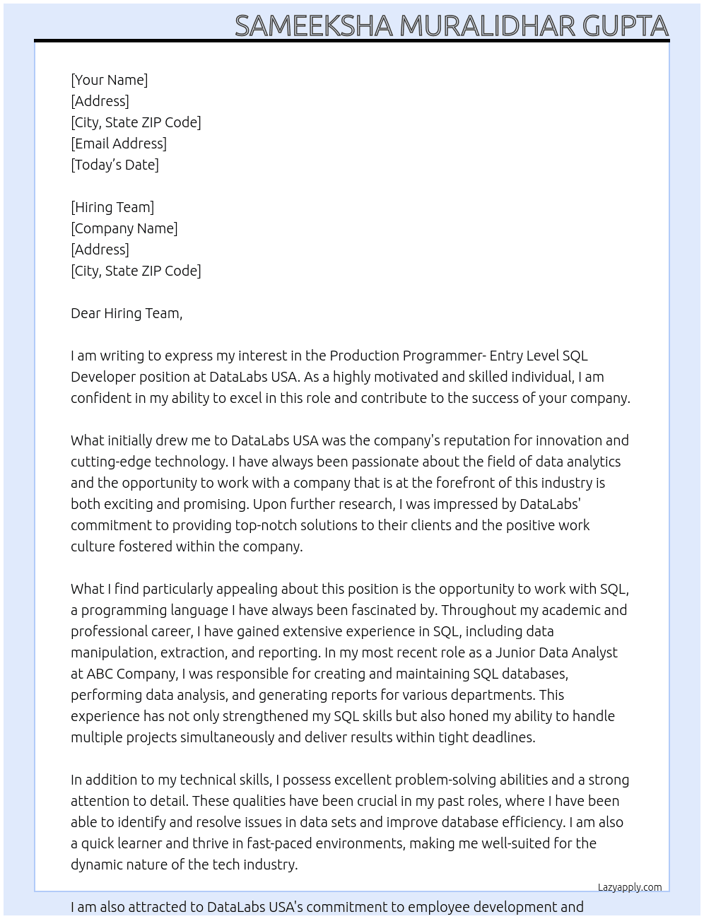 Production Programmer - Entry Level SQL Developer At DataLabs USA Cover Letter