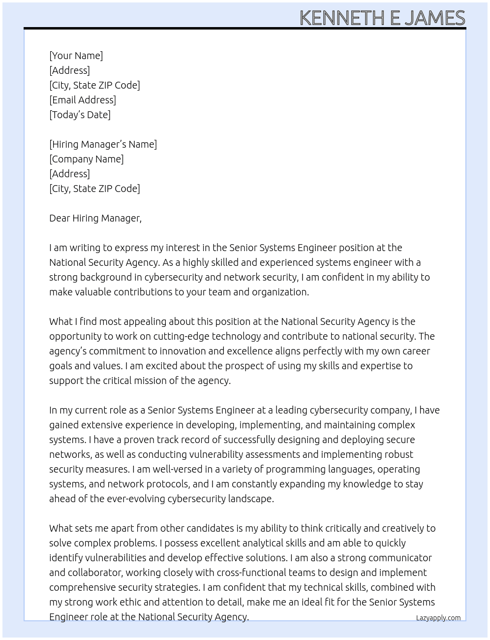 Senior Systems Engineer  At National Security Agency Cover Letter