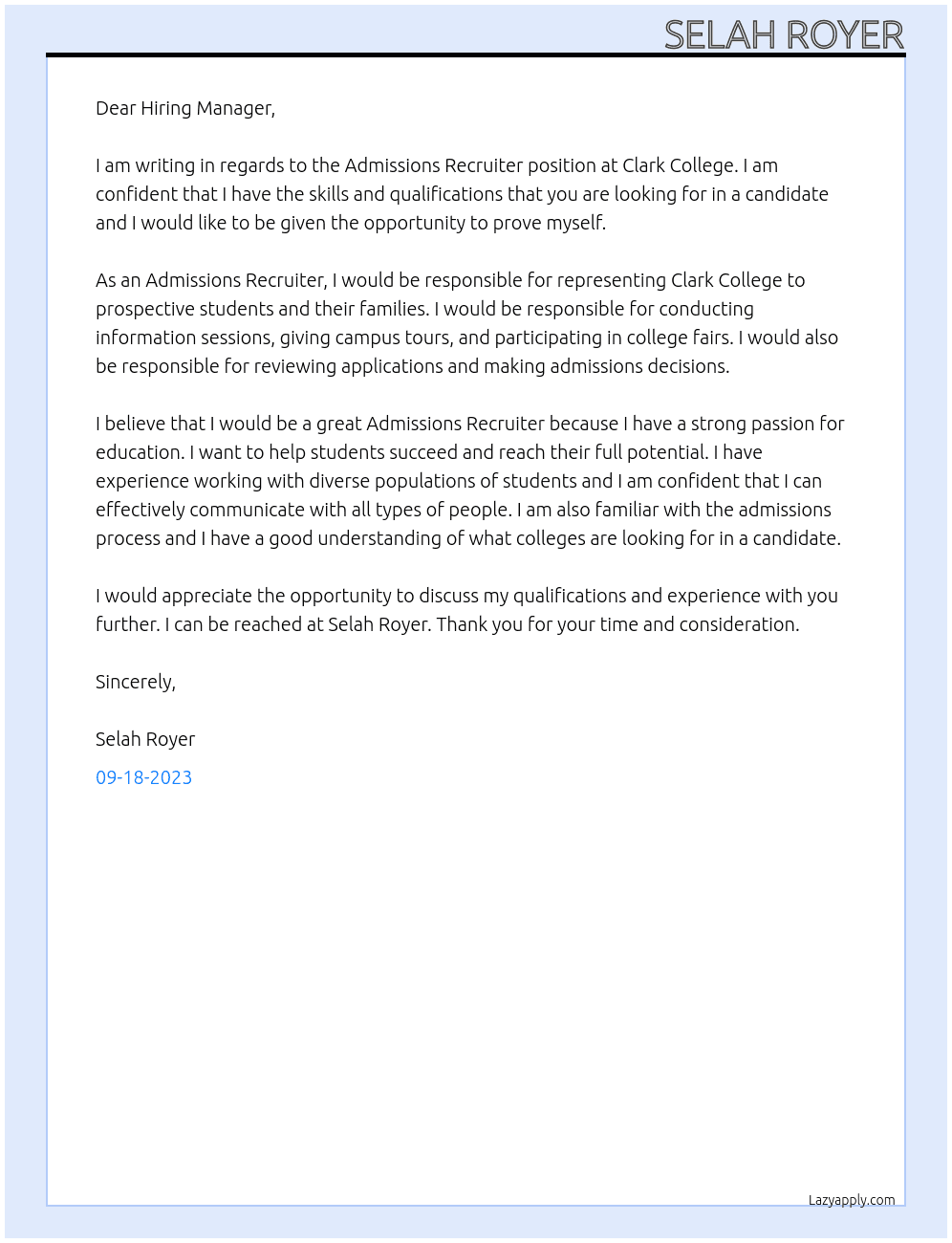 Admissions Recruiter At Clark College  Cover Letter