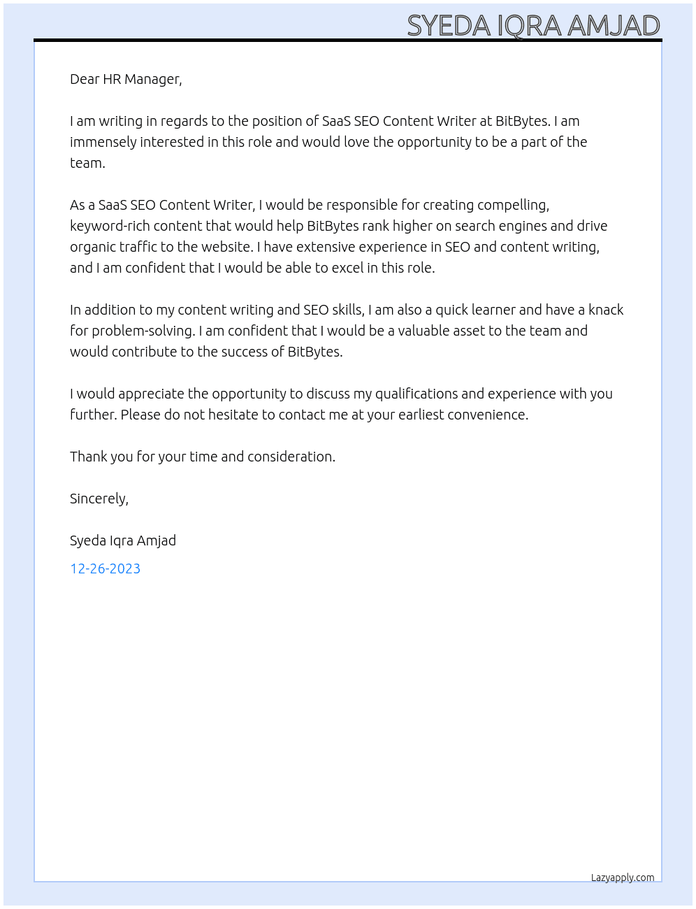 SaaS SEO Content Writer At BitBytes Cover Letter