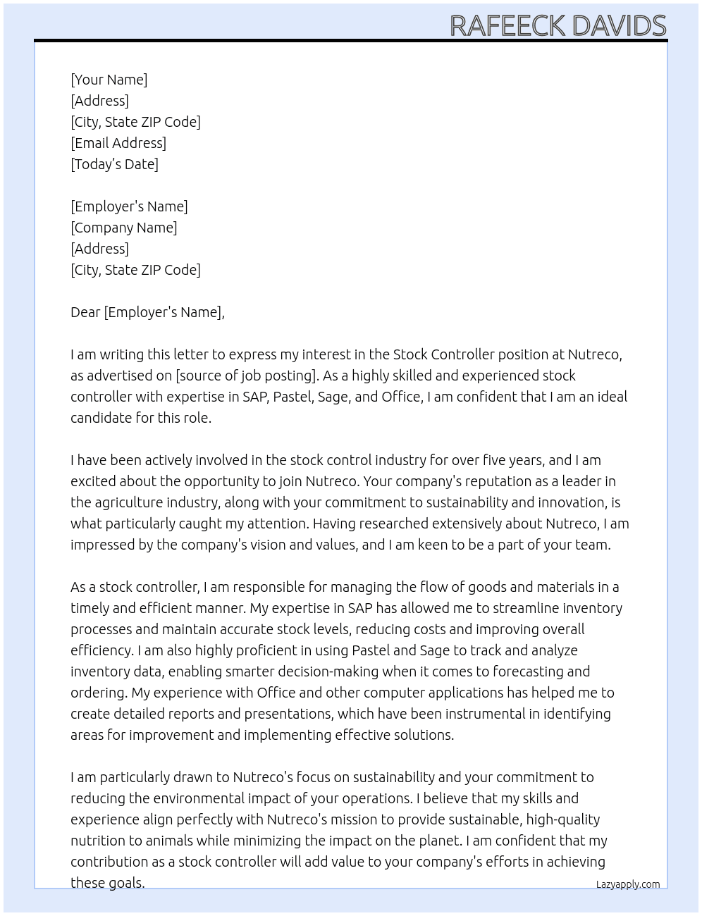 Stock controller At Nutreco Cover Letter
