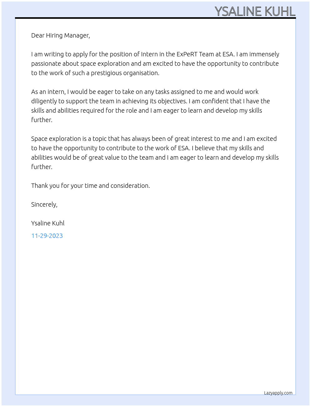 Intern in the ExPeRT Team At ESA Cover Letter