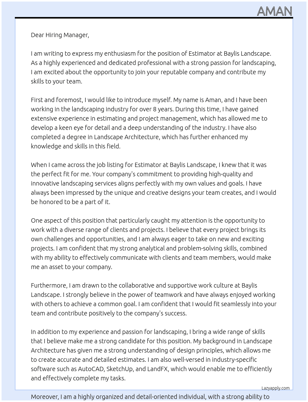 Estimator At Baylis Landscape Cover Letter