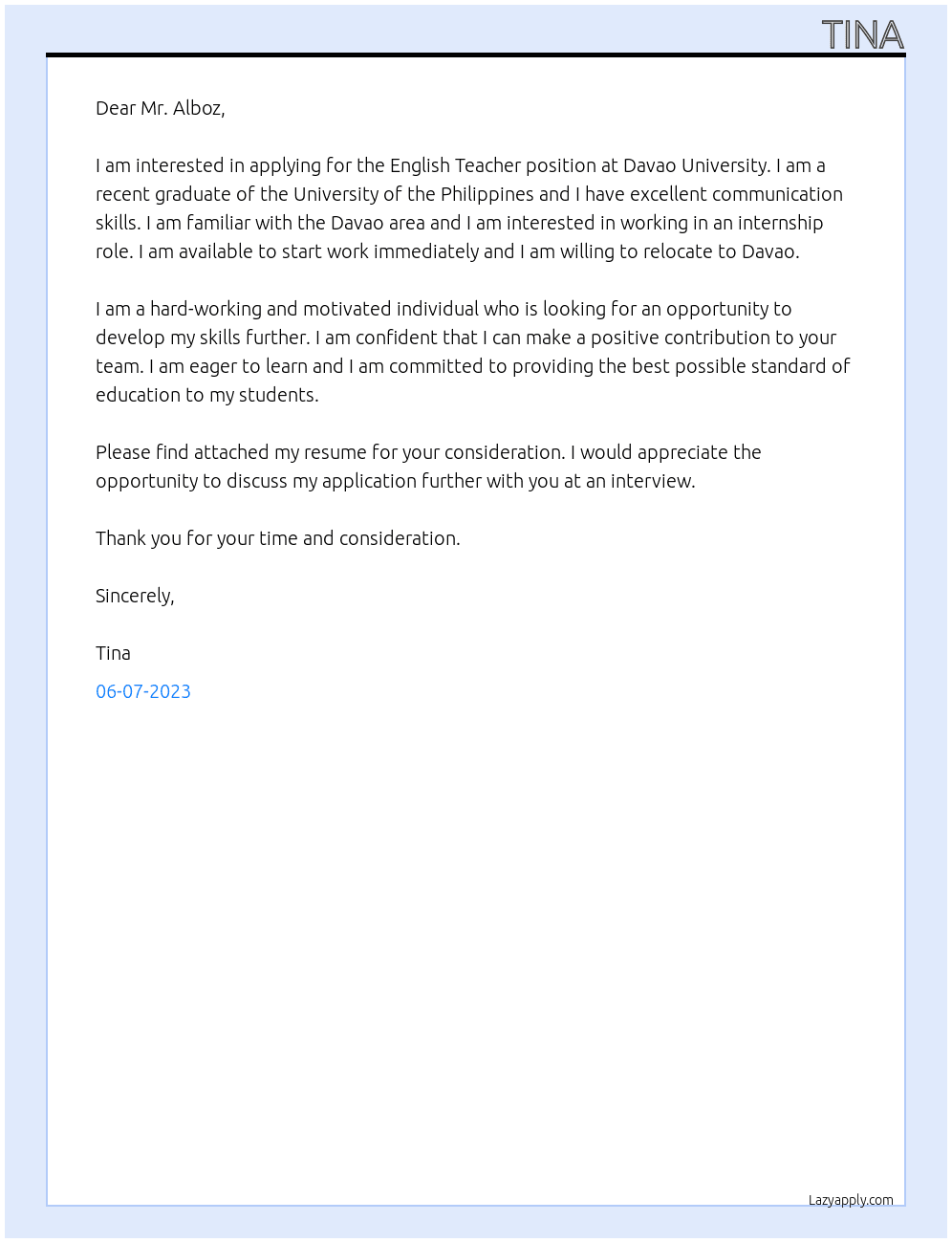 English Teacher At Davao university Cover Letter