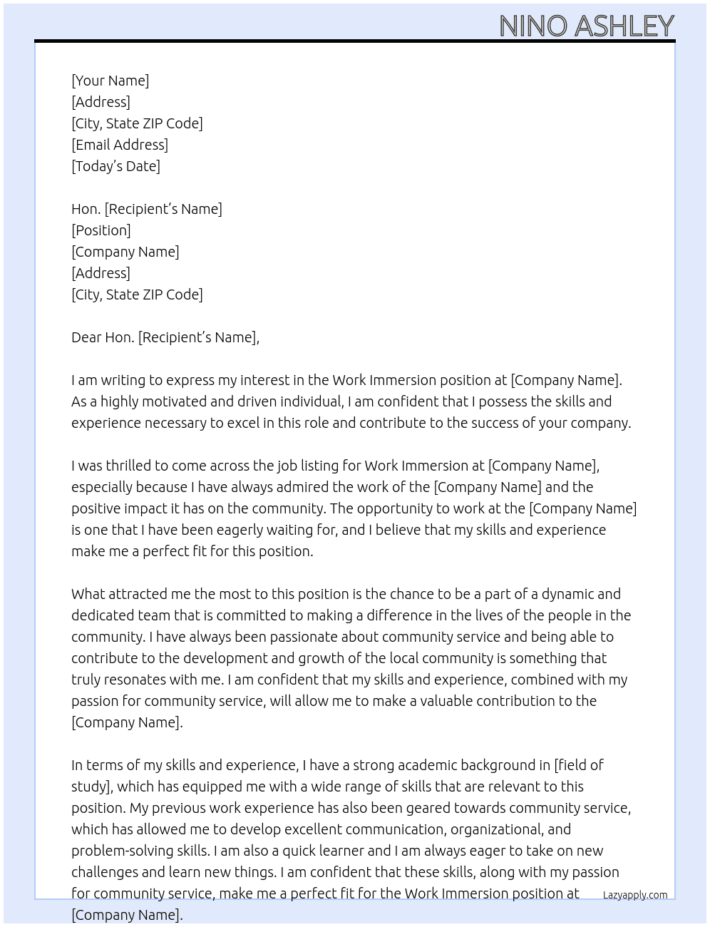 Work Immersion At BARANGAY HALL Cover Letter