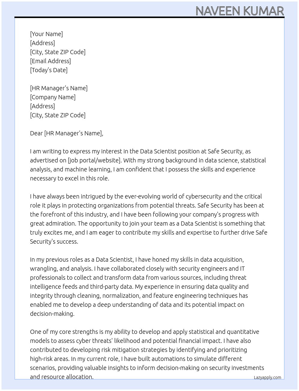 Data Scientist  At Safe Security  Cover Letter