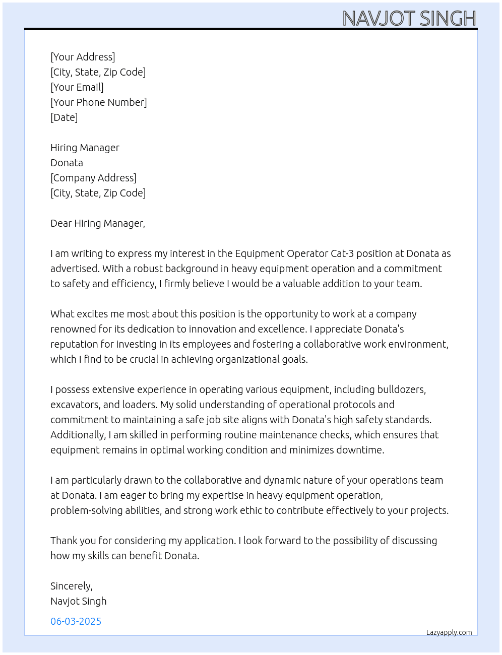 Equipment  operator cat-3 At Donata Cover Letter