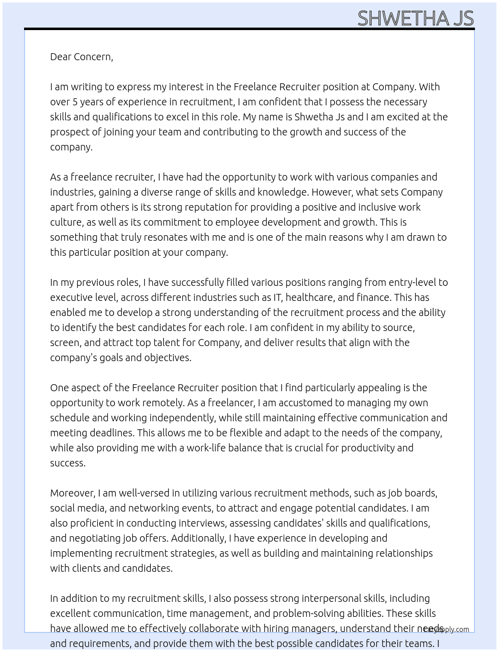 Freelance Recruiter  At Company  Cover Letter