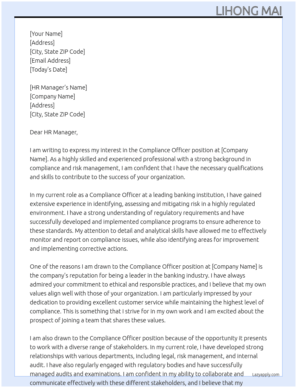 Compliance Officer At banking Cover Letter