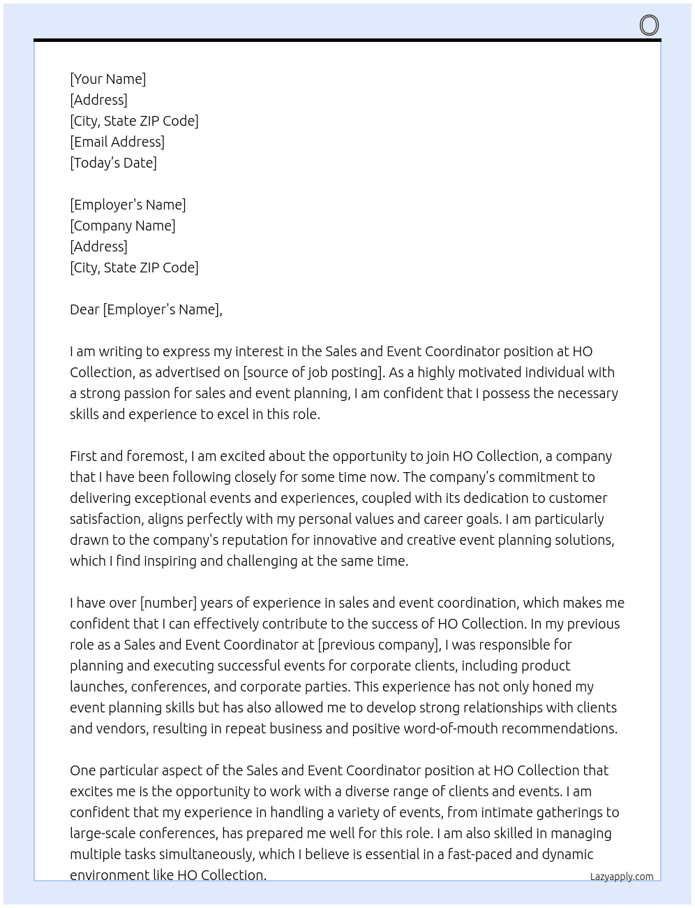 Sales and Event Cordinator At HO Collection Cover Letter