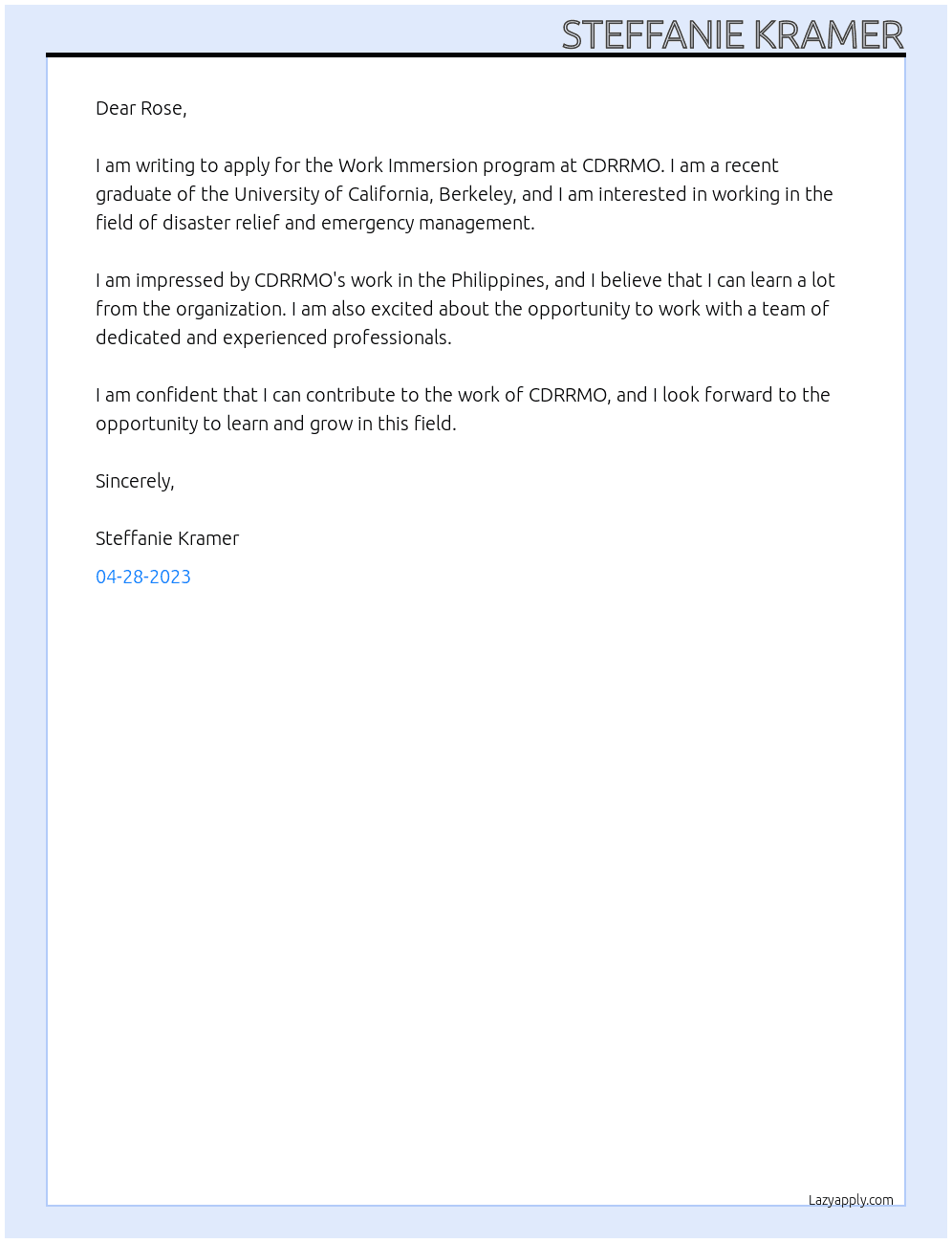 Work Immersion Applicant At CDRRMO Cover Letter