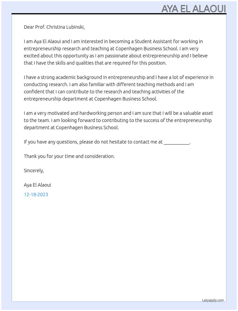 Student Assistant for working in entrepreneurship research and teaching At copenhagen business school Cover Letter