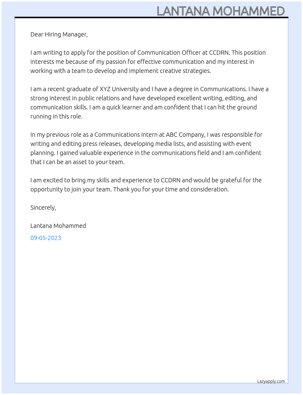 Communication Officer  At CCDRN Cover Letter