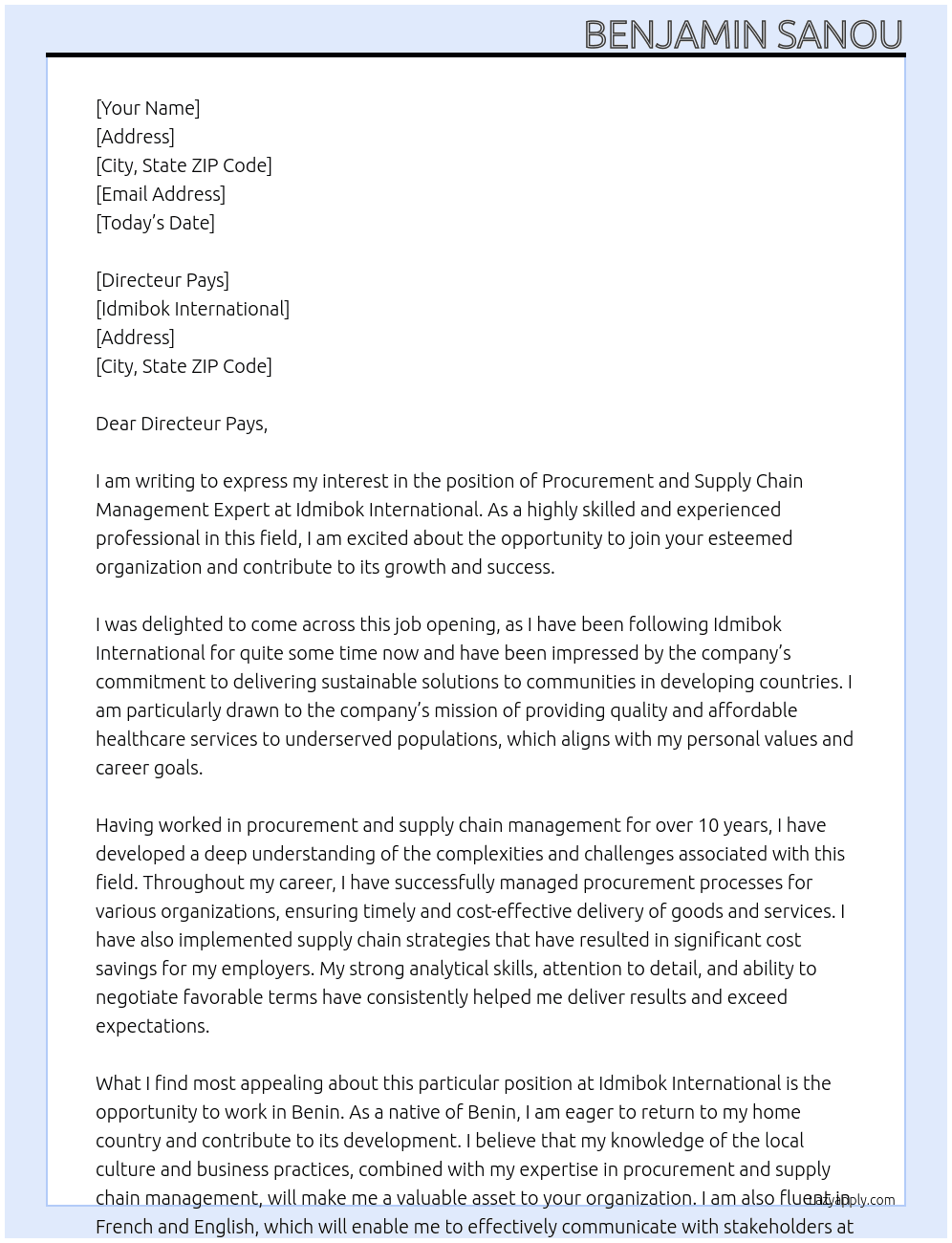 Procurement and Supply Chain Management Expert At Idmibok International  Cover Letter